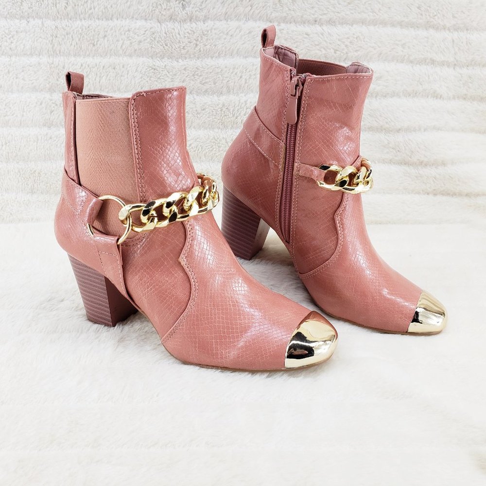 Blush Pink Golden Tone Chain Toe Cap Western Harness Boots